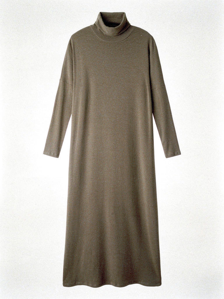 Maxi jumper dress in Hessian, roll neck fine rib knit, packshot front view