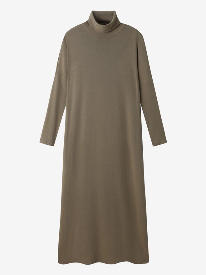 Maxi jumper dress in Hessian, roll neck fine rib knit, full length
