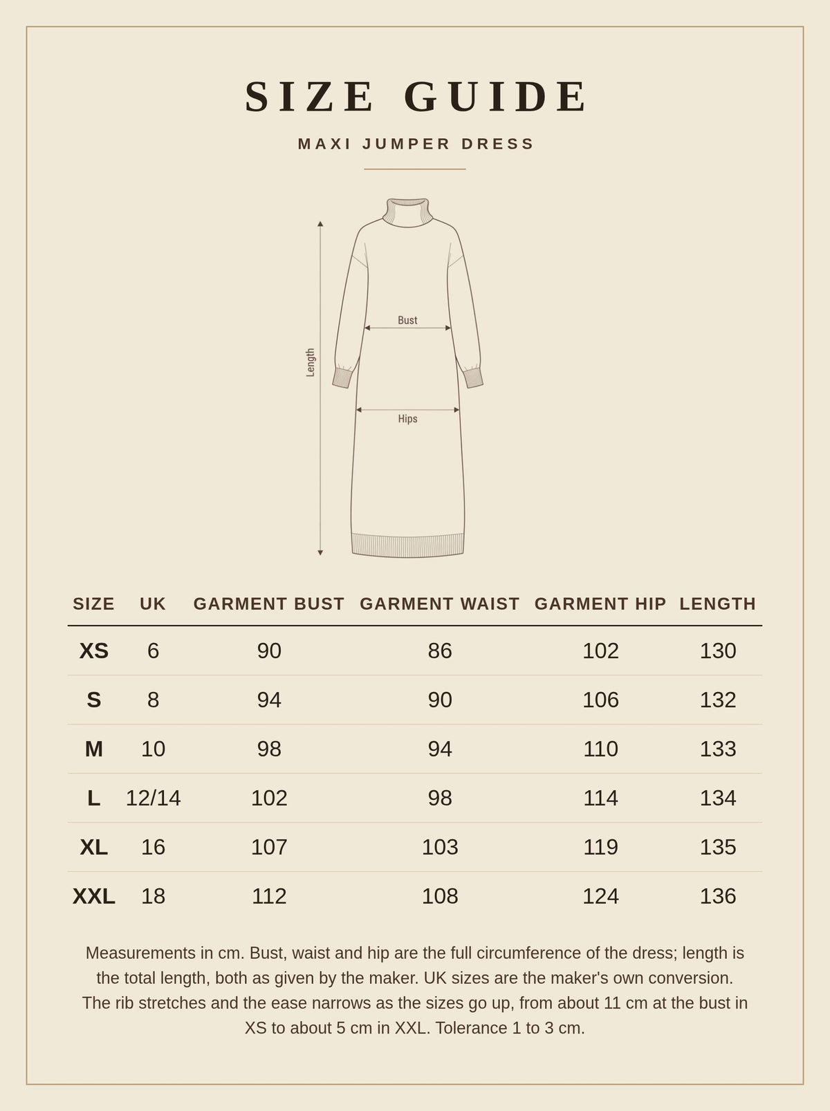 Size guide for the Owlpen maxi jumper dress, UK 6 to 18