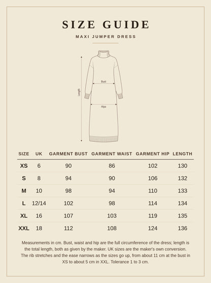 Size guide for the Owlpen maxi jumper dress, UK 6 to 18