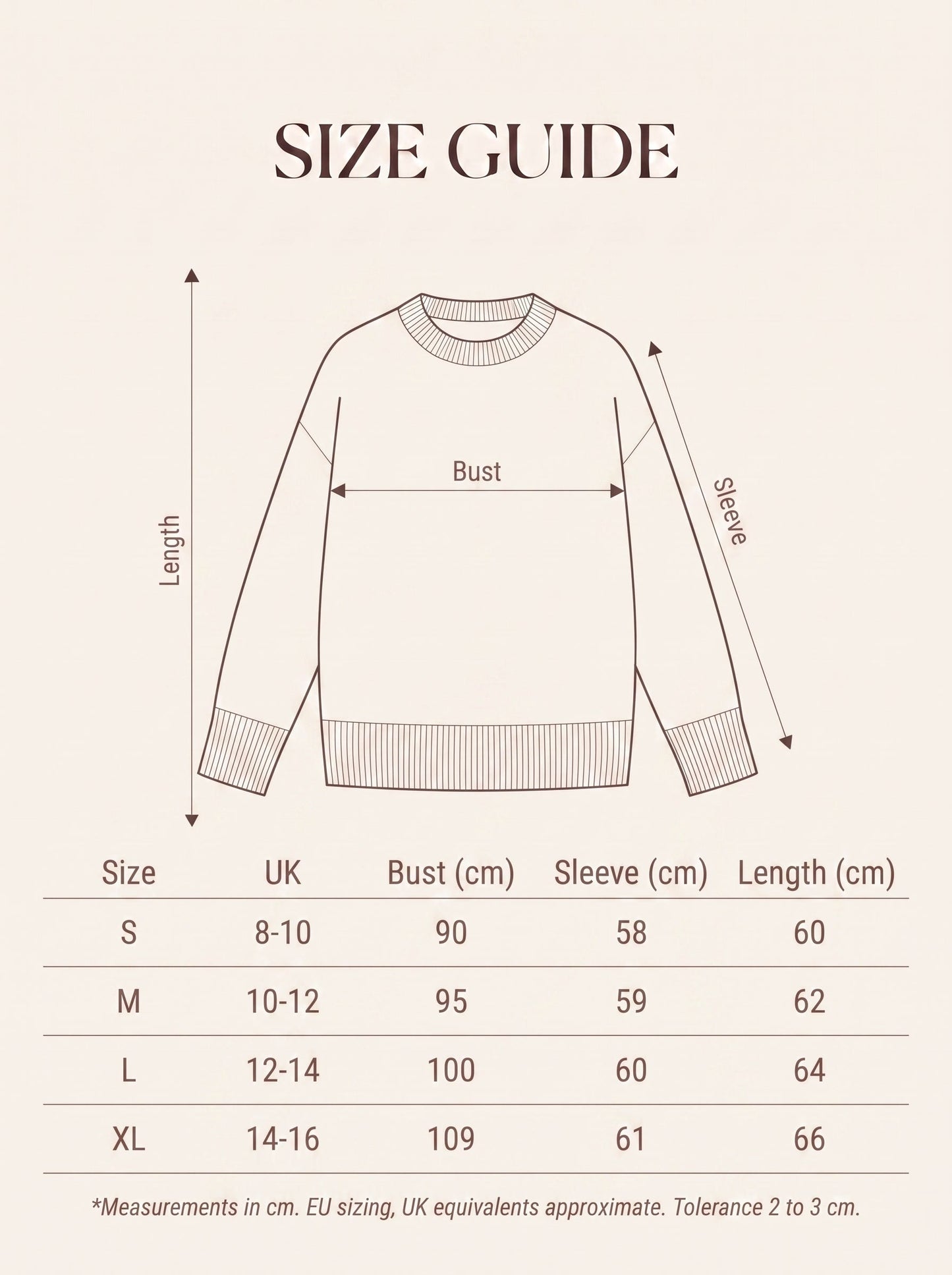 Size guide for the classic crew neck merino wool jumper