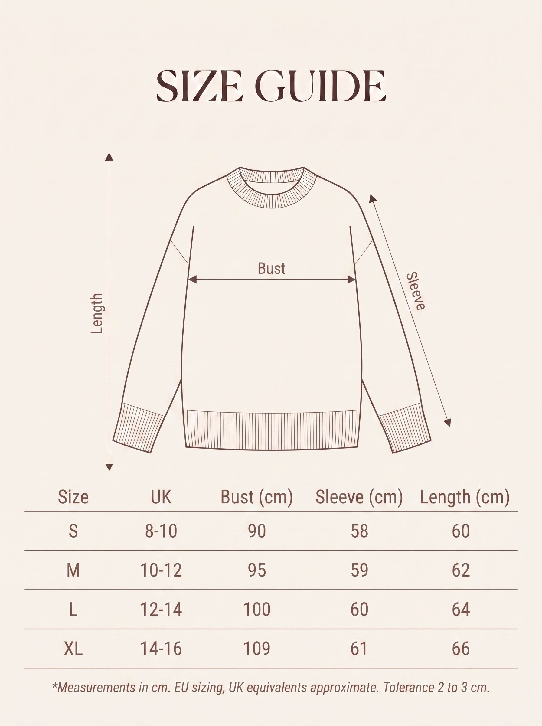 Size guide for the classic crew neck merino wool jumper