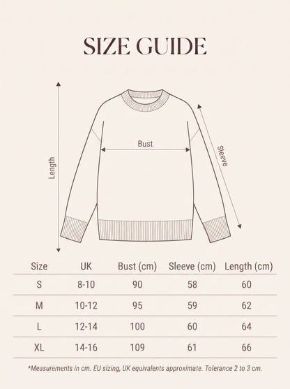 Size guide for the classic crew neck merino wool jumper