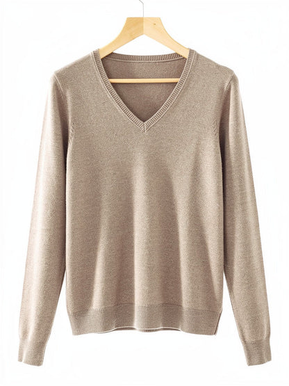 Harlbury merino V-neck jumper in Driftwood, front packshot on a hanger