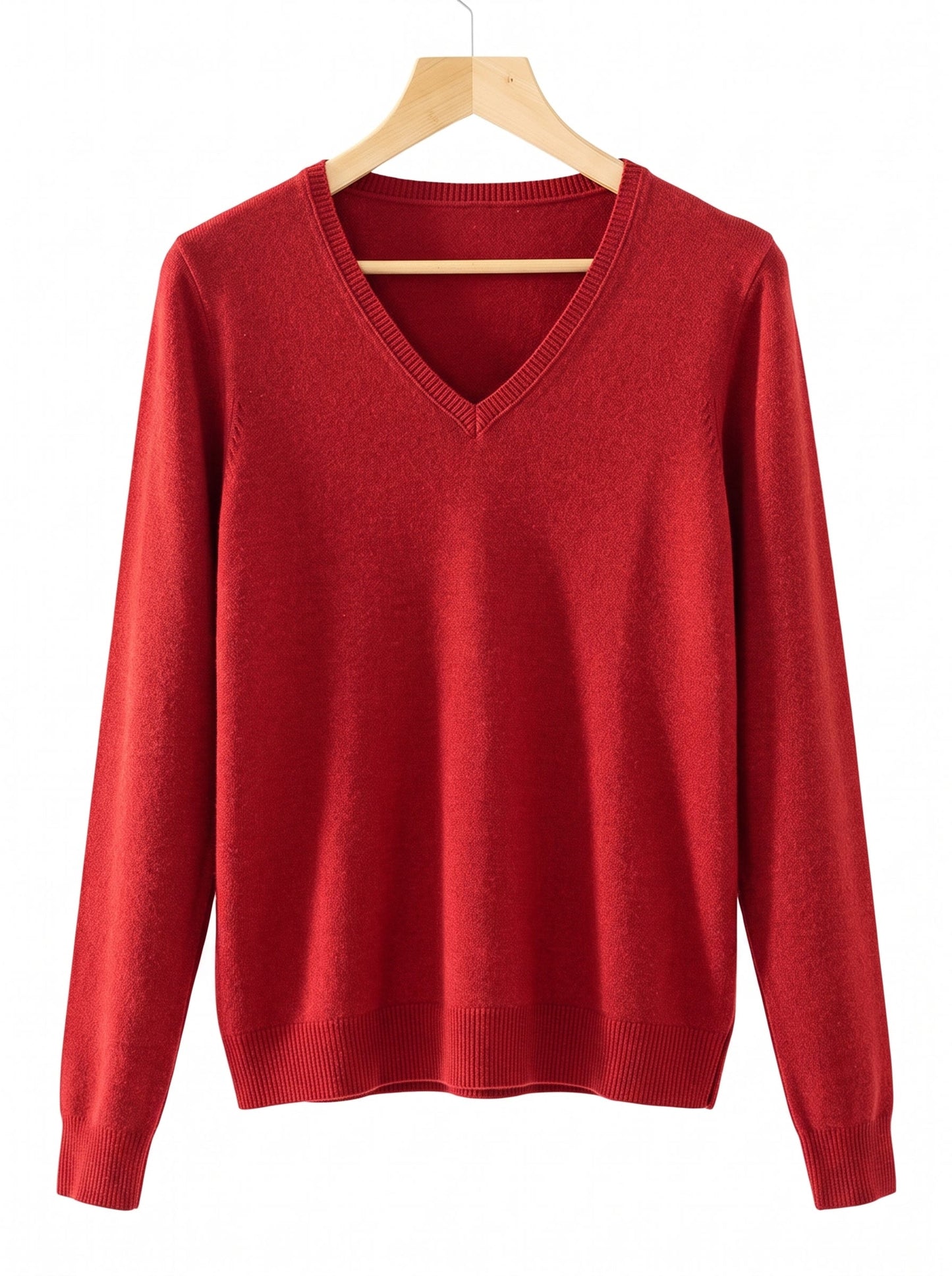 Harlbury merino V-neck jumper in Poppy Red, front packshot on a hanger