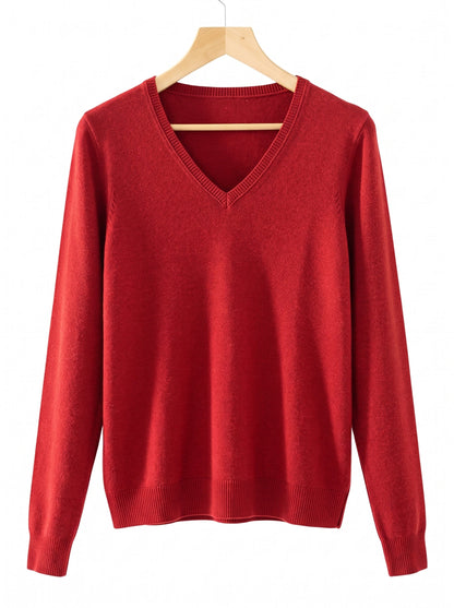 Harlbury merino V-neck jumper in Poppy Red, front packshot on a hanger