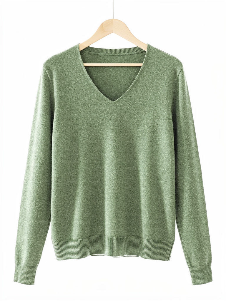 Harlbury merino V-neck jumper in Sage, front packshot on a hanger