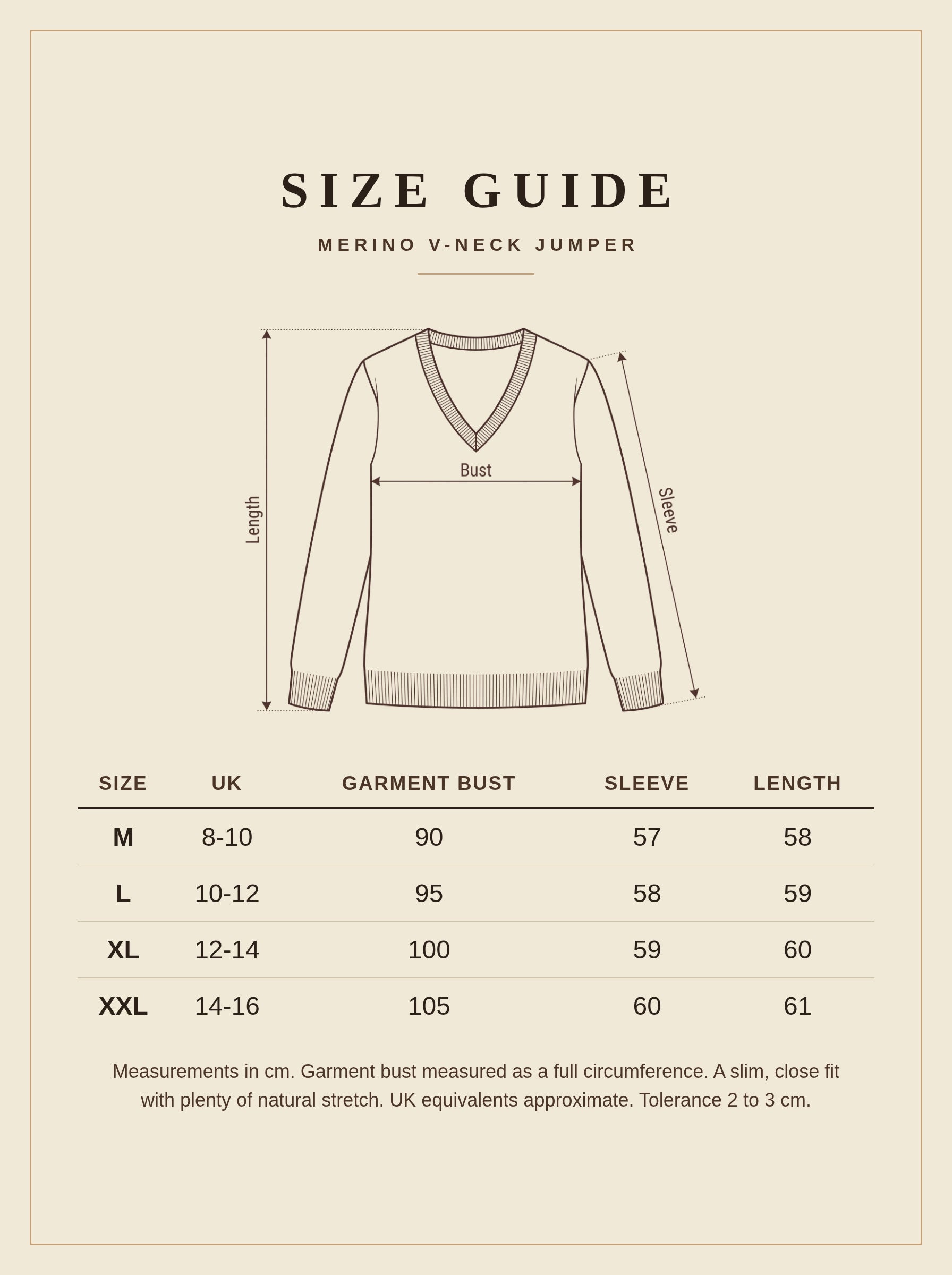 Harlbury merino V-neck jumper size guide, sizes M to XXL