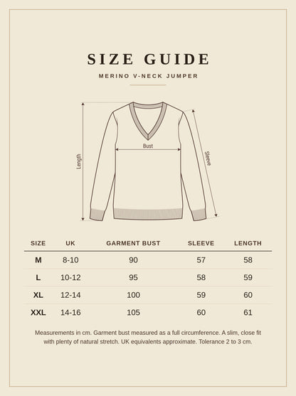 Harlbury merino V-neck jumper size guide, sizes M to XXL