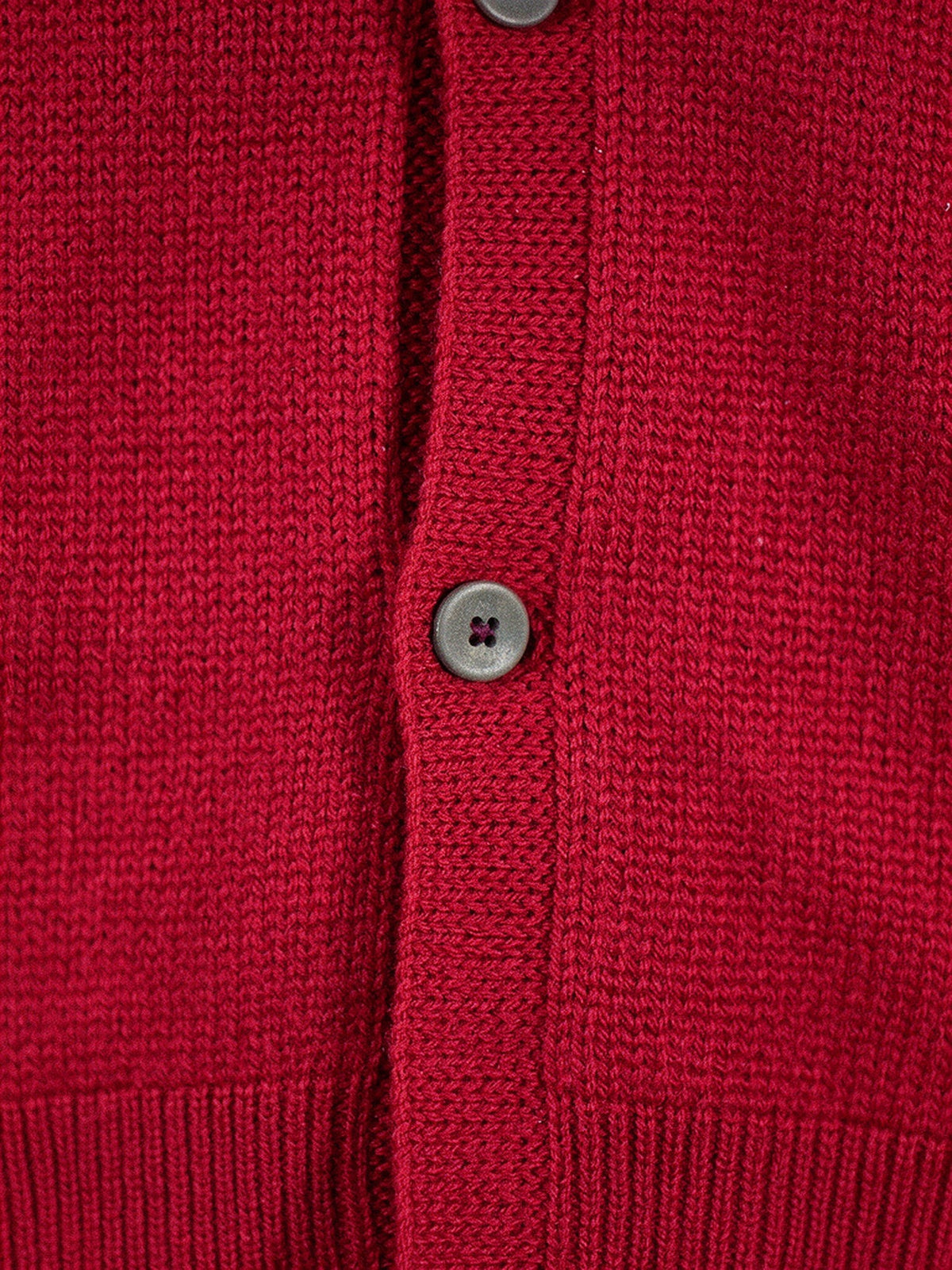 Close up of the fine merino knit and the matte grey four hole buttons