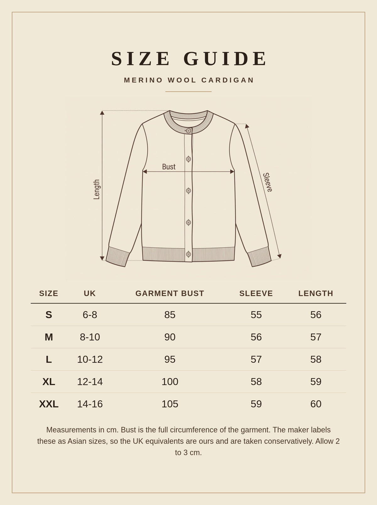Size guide for the Hawling merino wool cardigan, UK 6 to 16