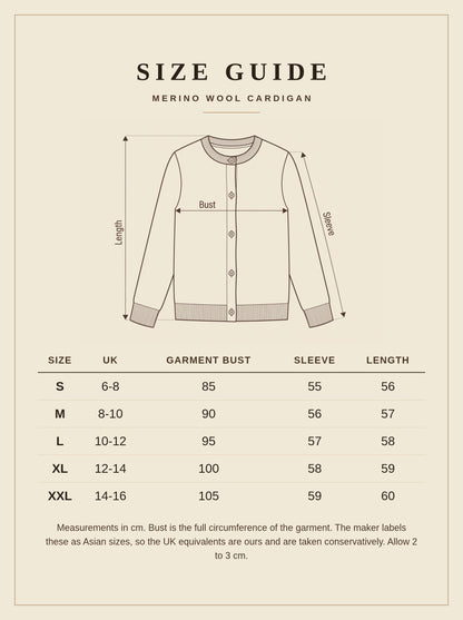 Size guide for the Hawling merino wool cardigan, UK 6 to 16