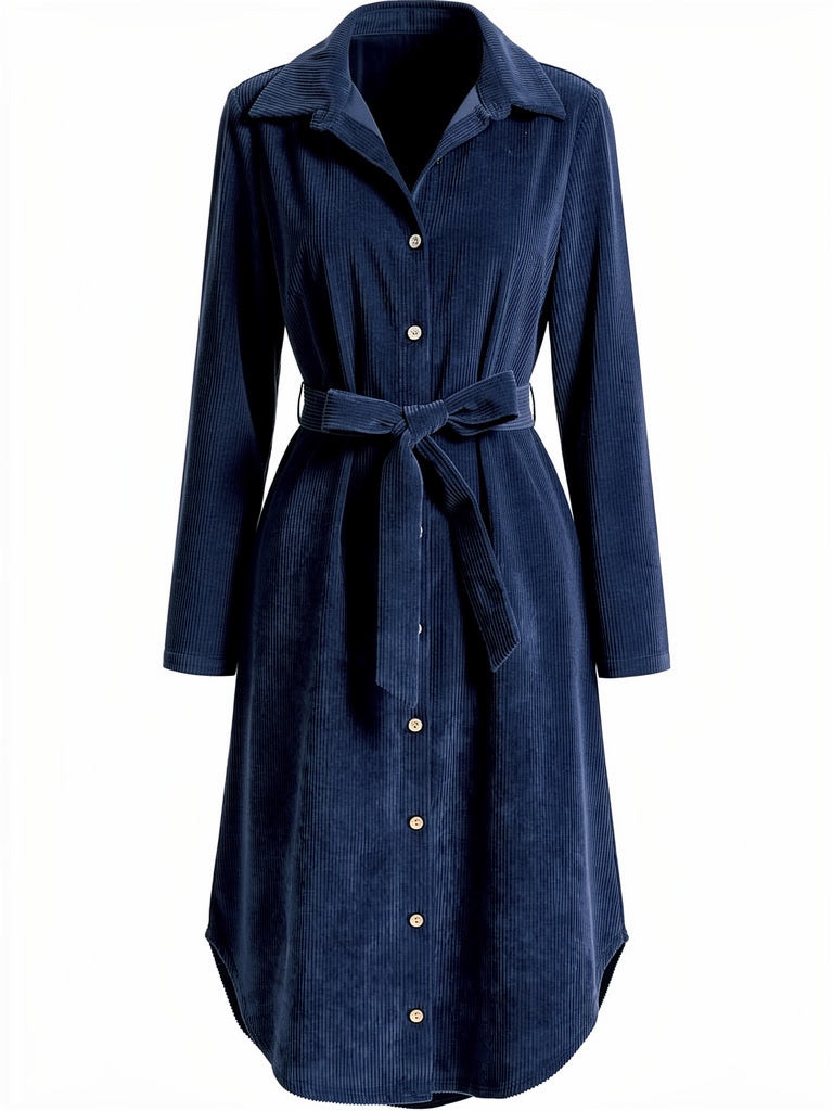 Midnight blue corduroy shirt dress front view, tie belt and full button placket