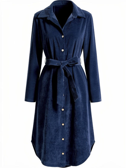Midnight blue corduroy shirt dress front view, tie belt and full button placket