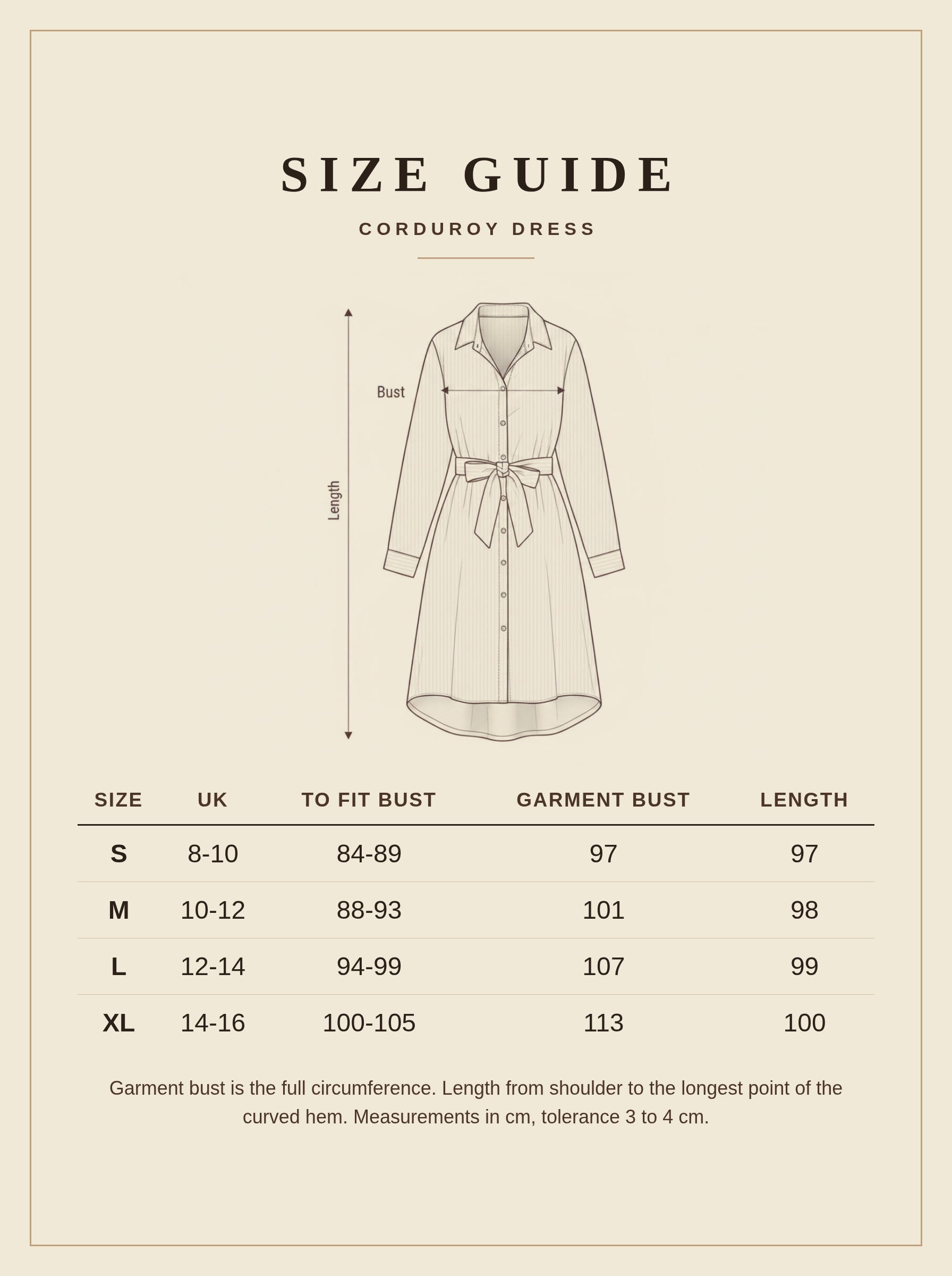 Size guide for the Norbury corduroy dress, UK sizes 8 to 16