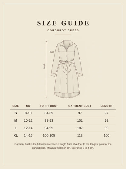 Size guide for the Norbury corduroy dress, UK sizes 8 to 16
