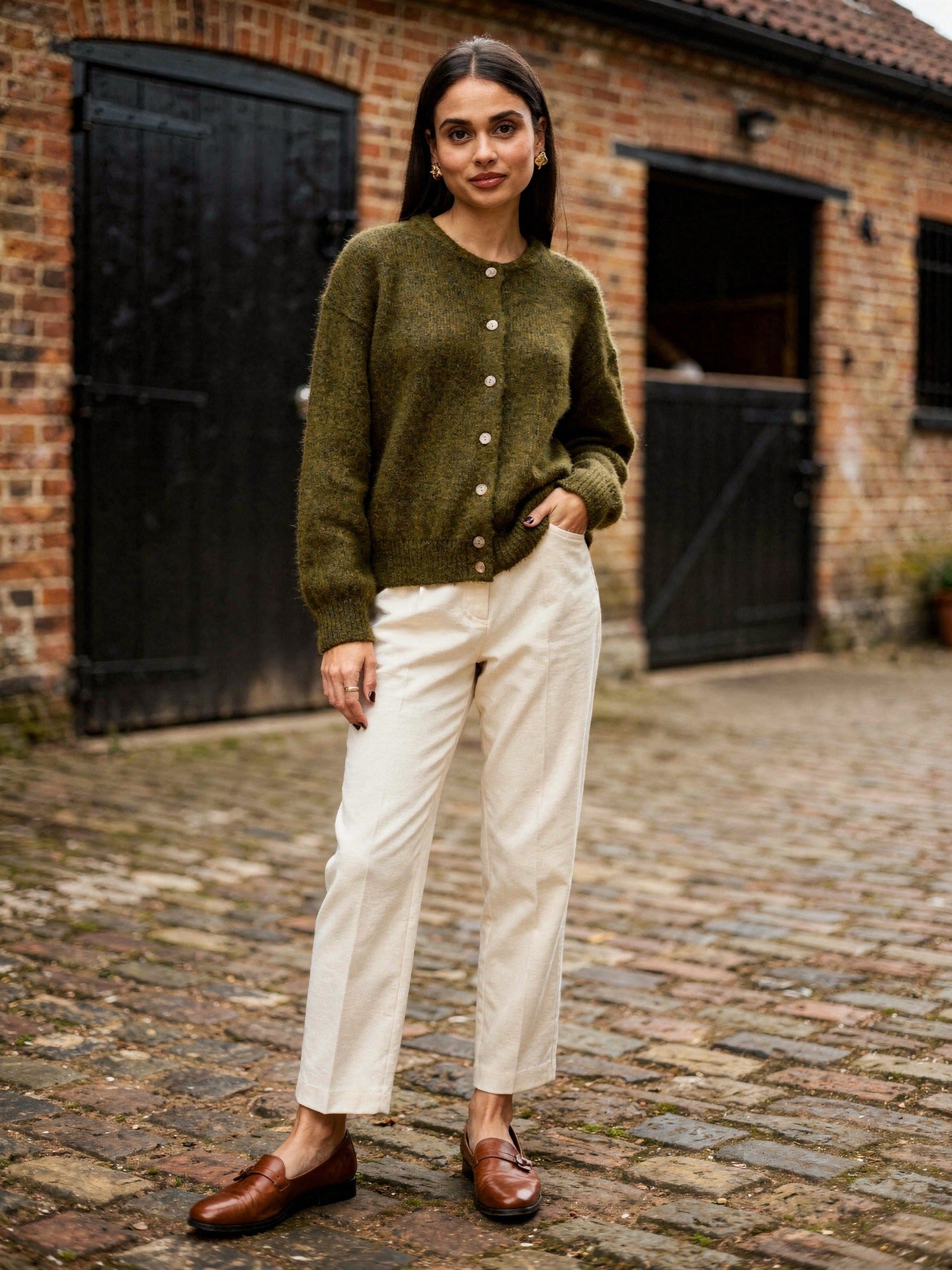 Moss green button-through cardigan worn buttoned in a heritage stable yard