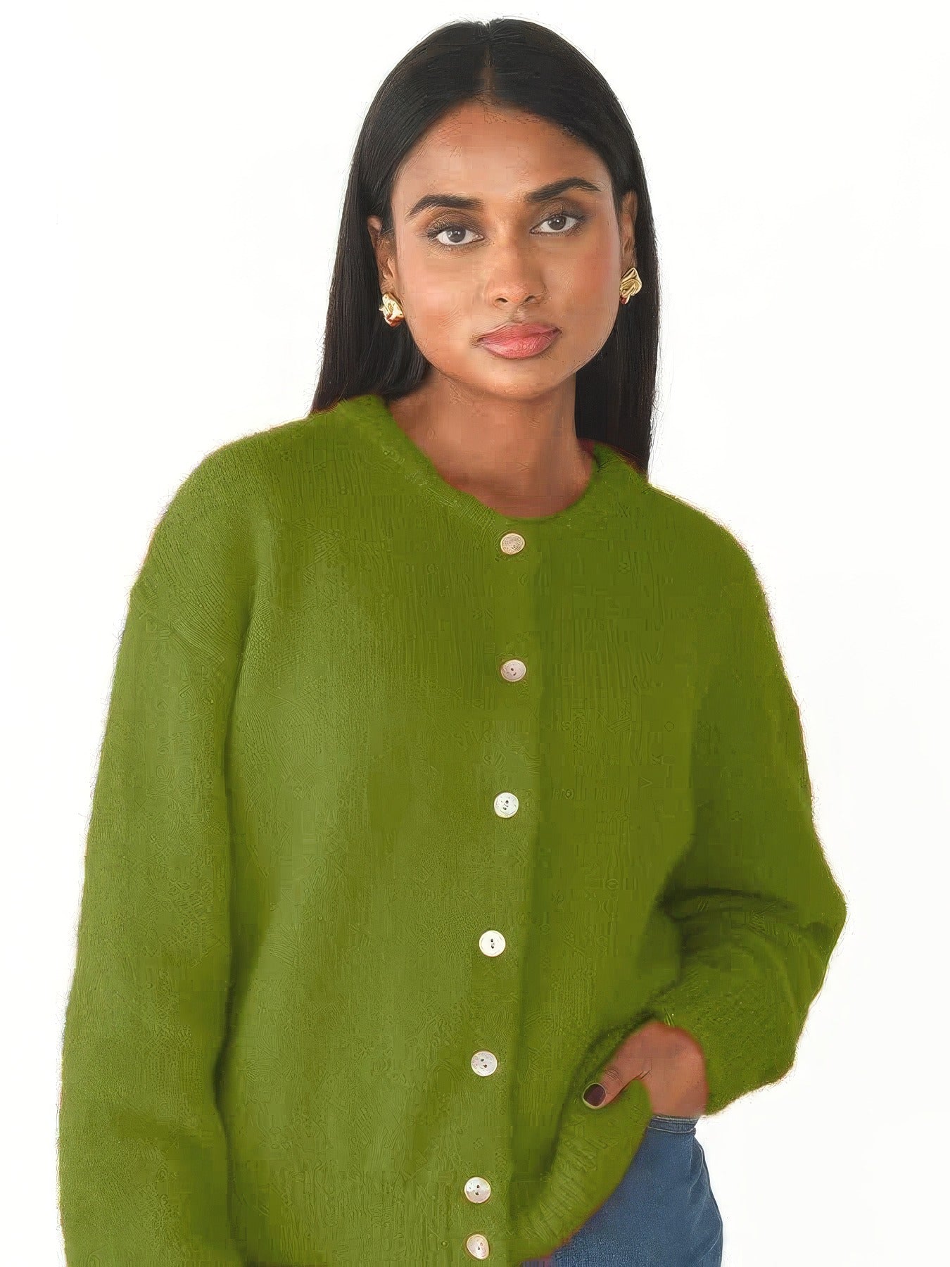 Moss green button-through cardigan worn by a model, studio photo
