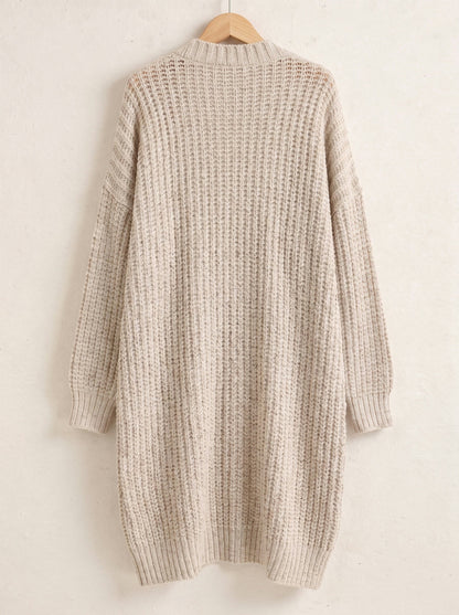 Oatmeal longline open front chunky rib cardigan on a hanger