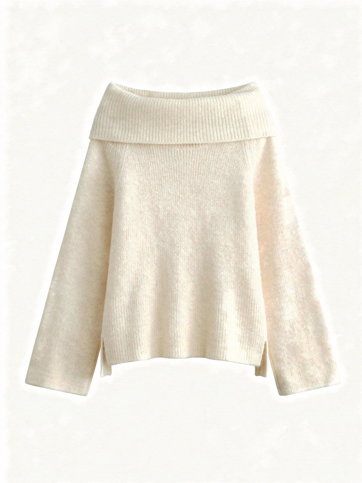 Off the shoulder jumper in Candle Cream, folded bardot collar, front view