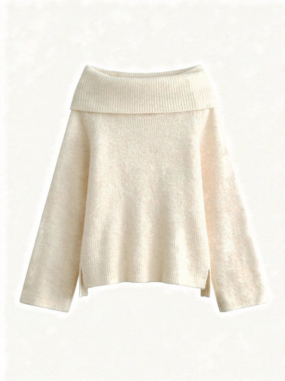 Off the shoulder jumper in Candle Cream, folded bardot collar, front view