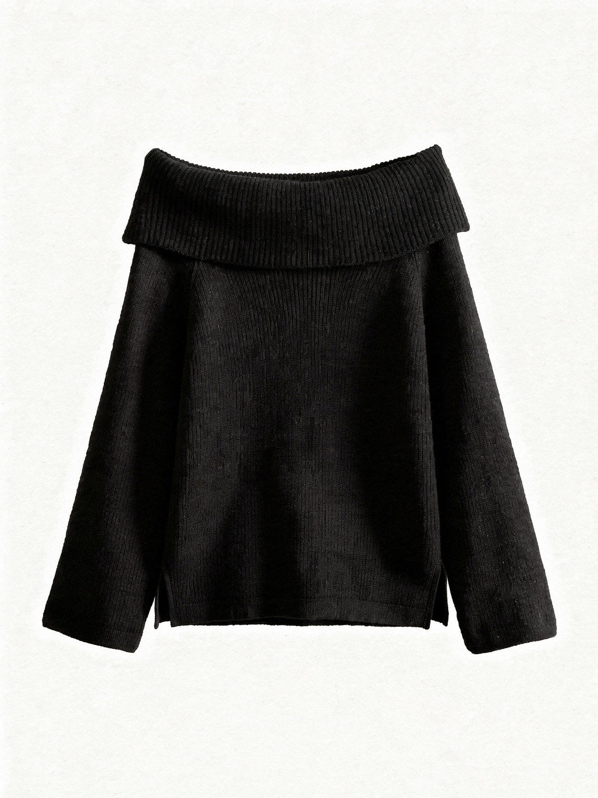 Off the shoulder jumper in Lamp Black, folded bardot collar, front view