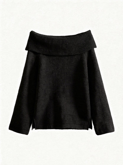 Off the shoulder jumper in Lamp Black, folded bardot collar, front view