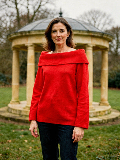 Off the shoulder jumper in Scarlet worn with the bardot collar folded across the chest