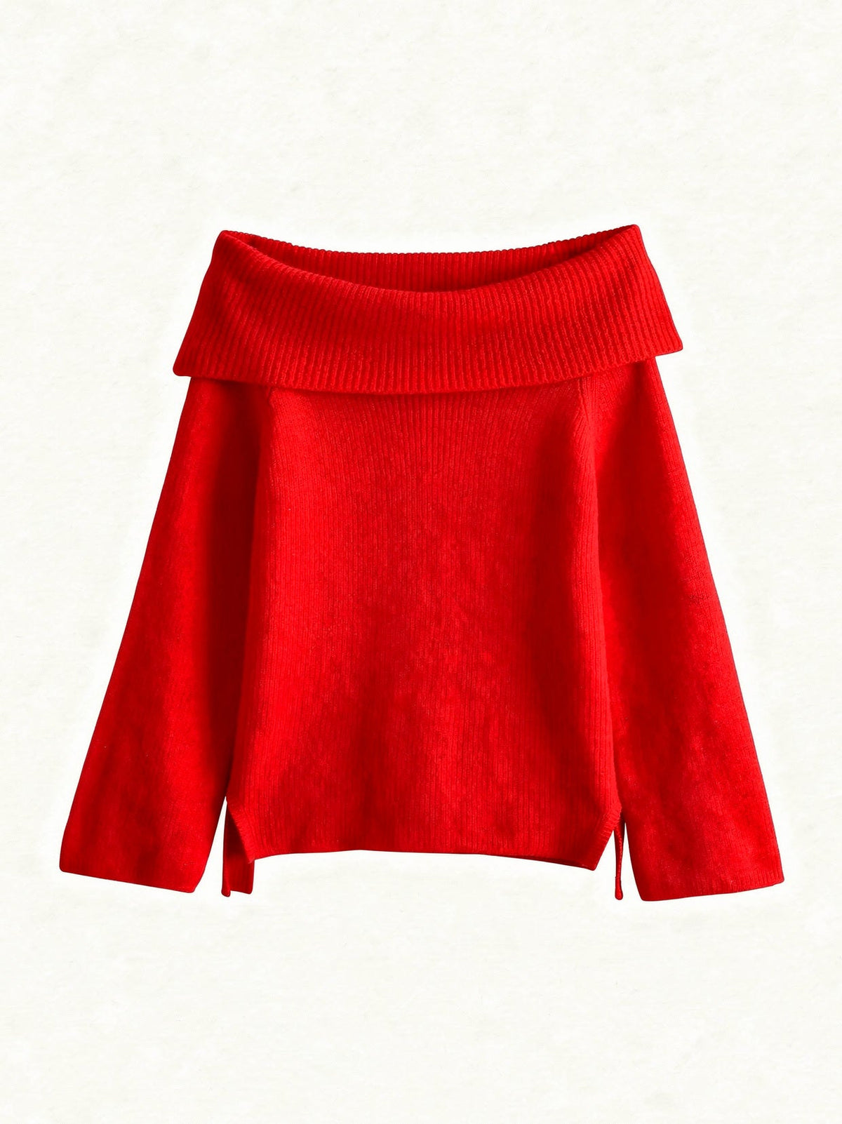 Off the shoulder jumper in Scarlet, folded bardot collar, front view