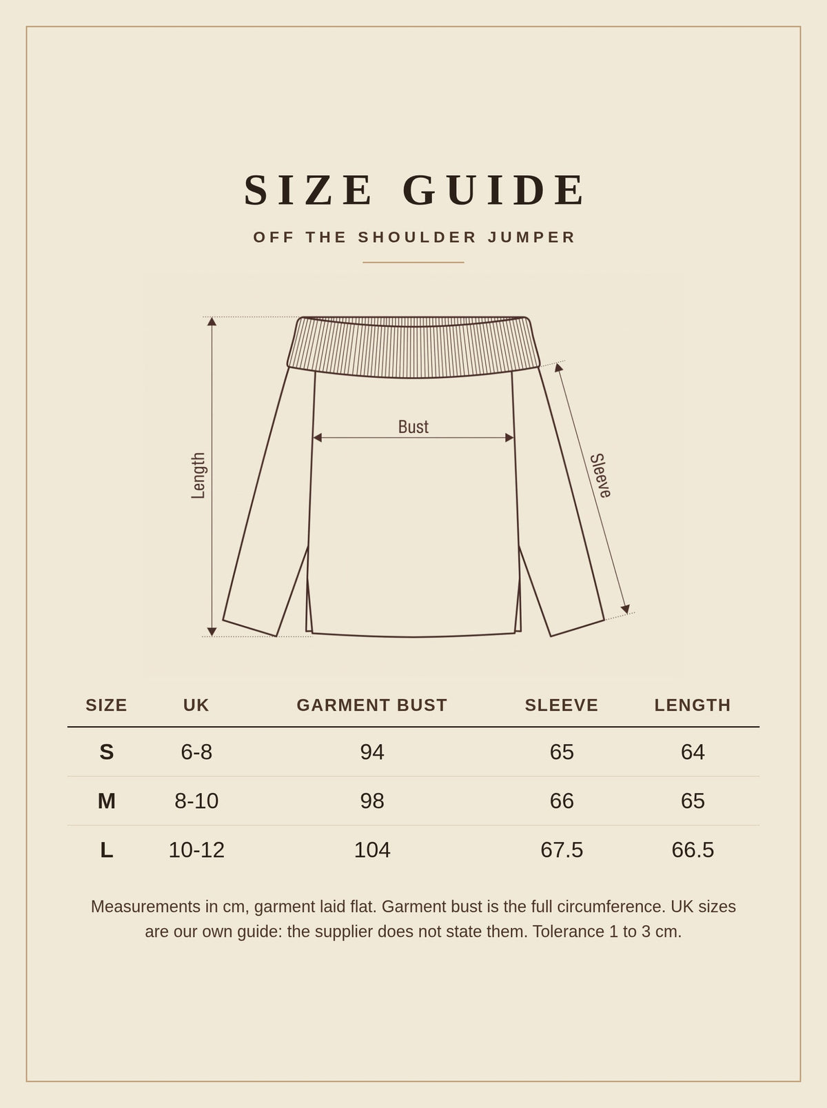 Size guide for the Beverston off the shoulder jumper, UK 6 to 12