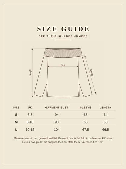 Size guide for the Beverston off the shoulder jumper, UK 6 to 12