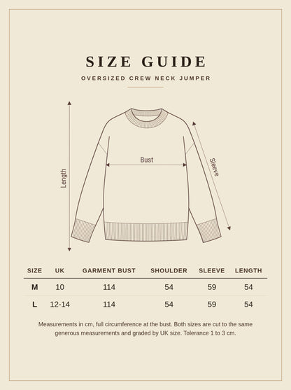 Size guide for the oversized crew neck jumper, measurements in centimetres