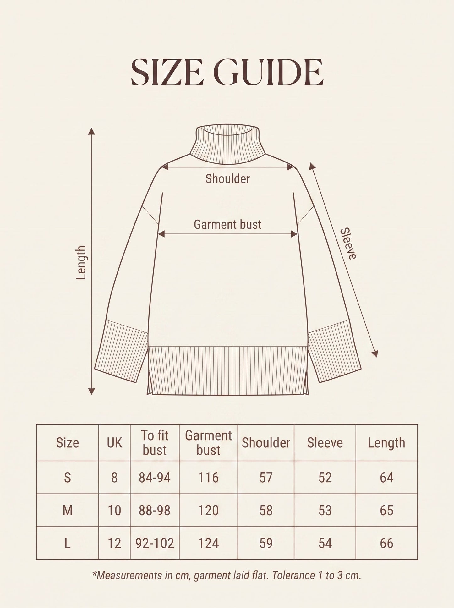 Size guide with garment measurements for the oversized funnel neck jumper