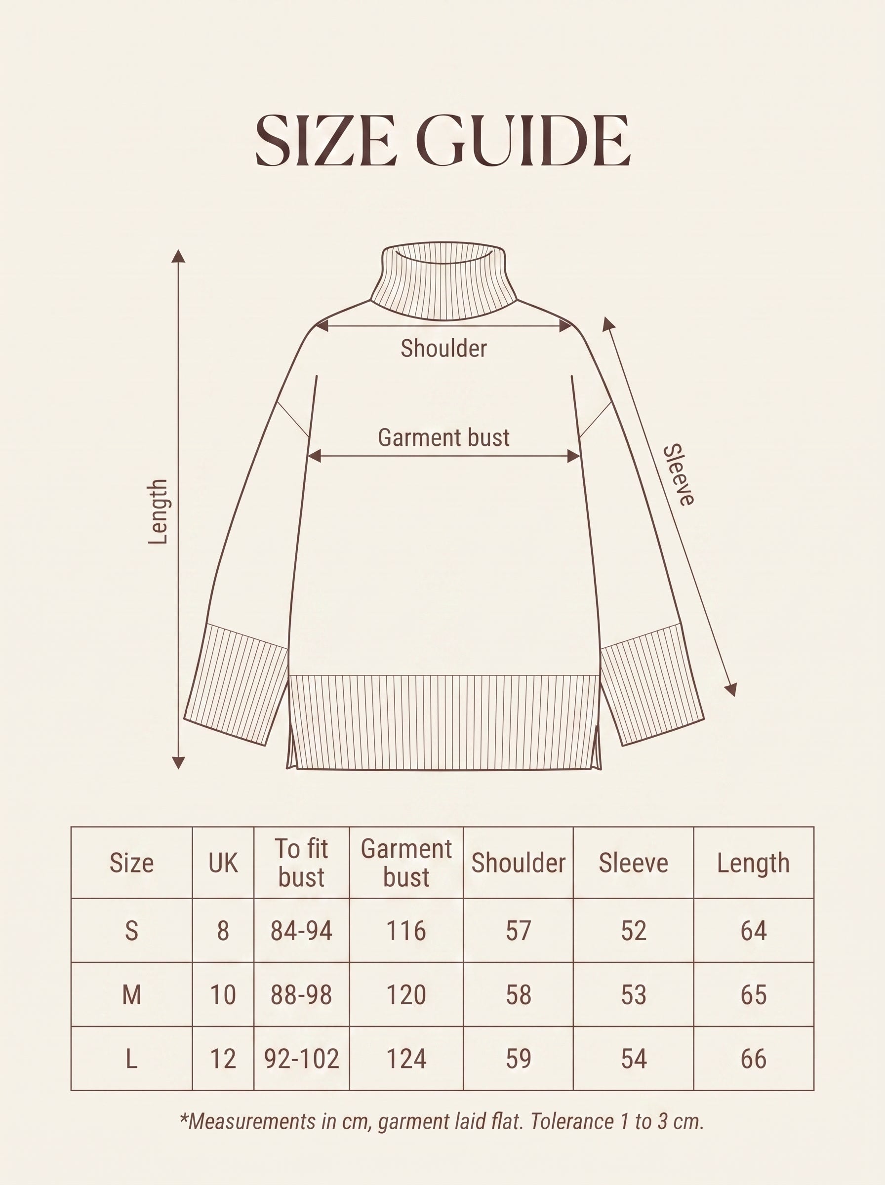 Size guide with garment measurements for the oversized funnel neck jumper