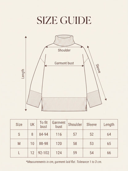 Size guide with garment measurements for the oversized funnel neck jumper