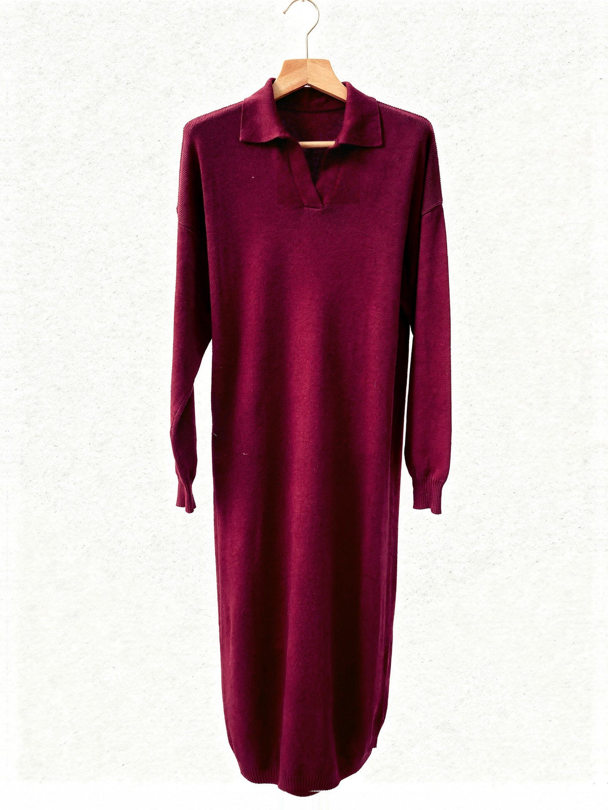 Oversized jumper dress in Claret on a hanger, open shirt collar and straight midi column
