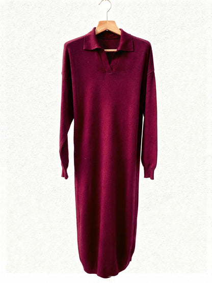 Oversized jumper dress in Claret on a hanger, open shirt collar and straight midi column