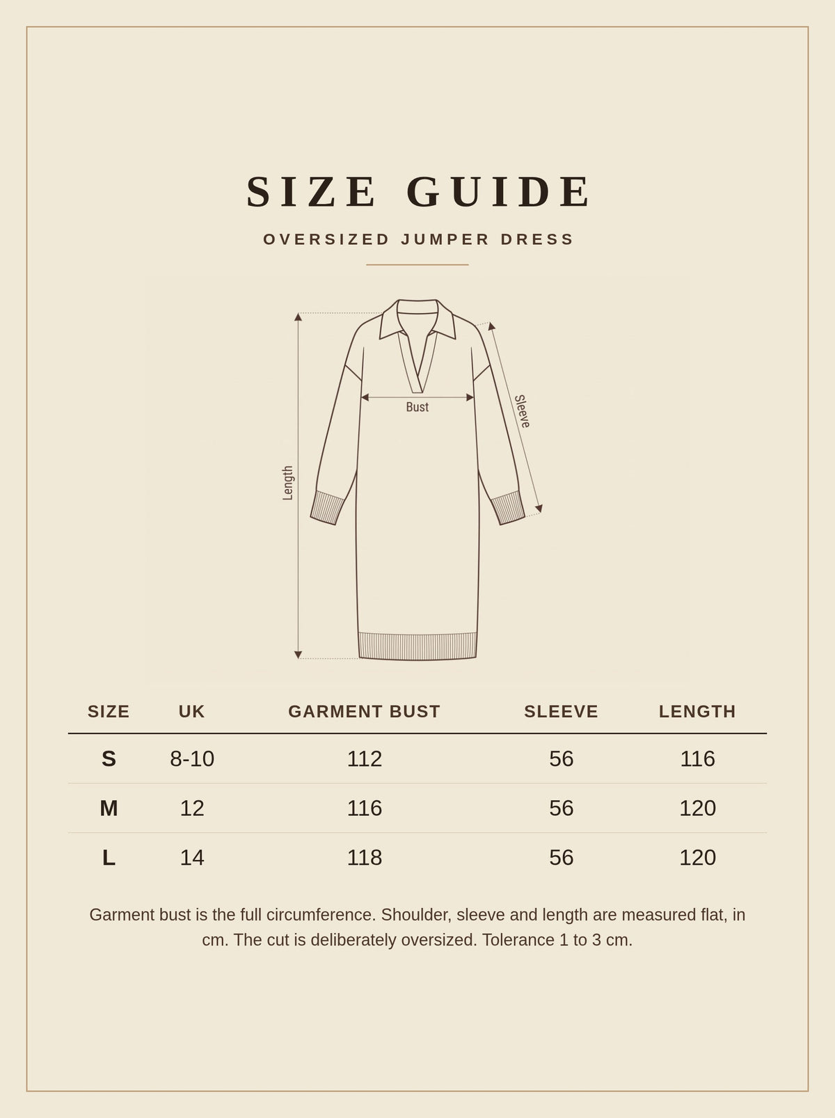 Size guide for the oversized jumper dress, UK 8 to 14, measurements in cm