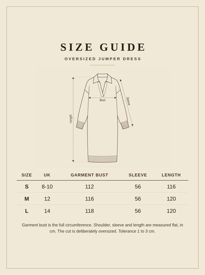 Size guide for the oversized jumper dress, UK 8 to 14, measurements in cm