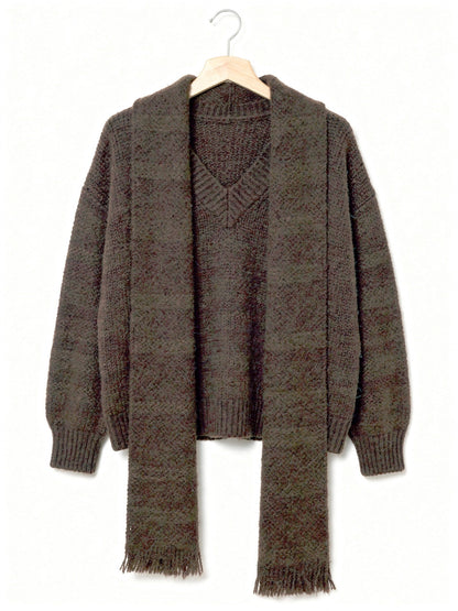 Oversized V neck jumper and matching scarf in Oakbark deep chocolate brown, shown on a wooden hanger