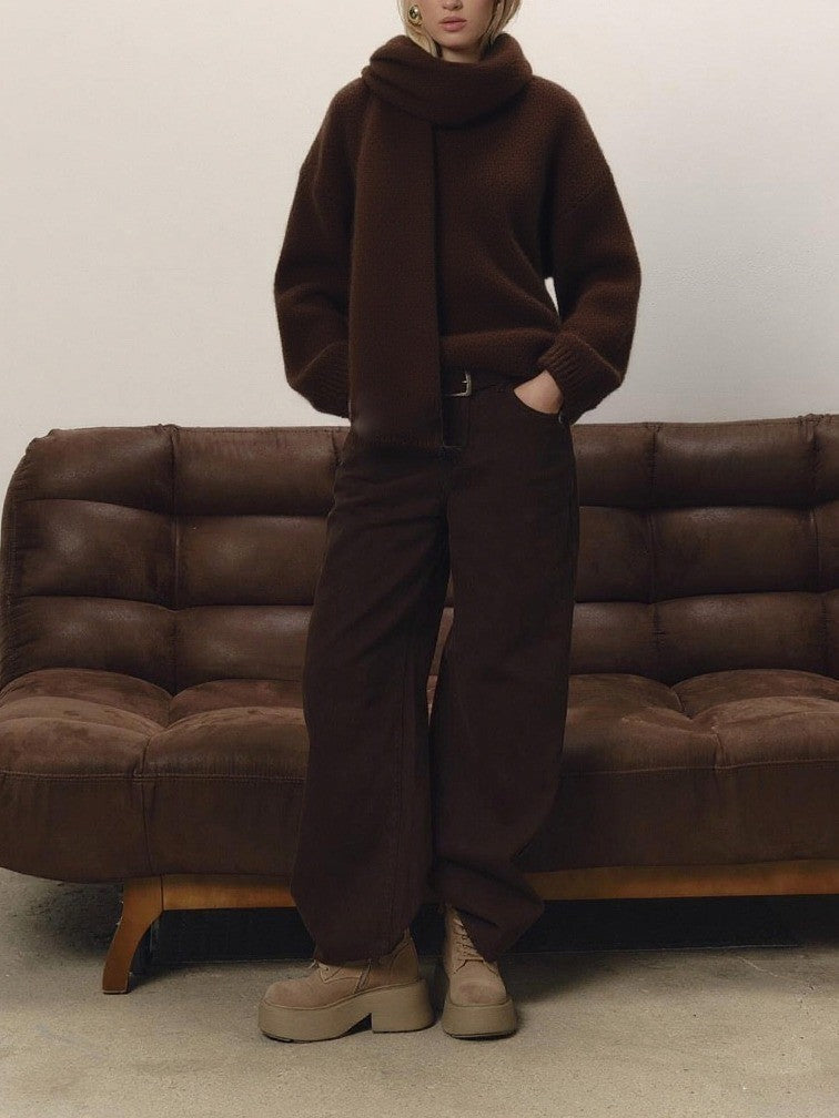Oversized jumper and matching scarf in Oakbark deep chocolate brown, worn with wide leg trousers
