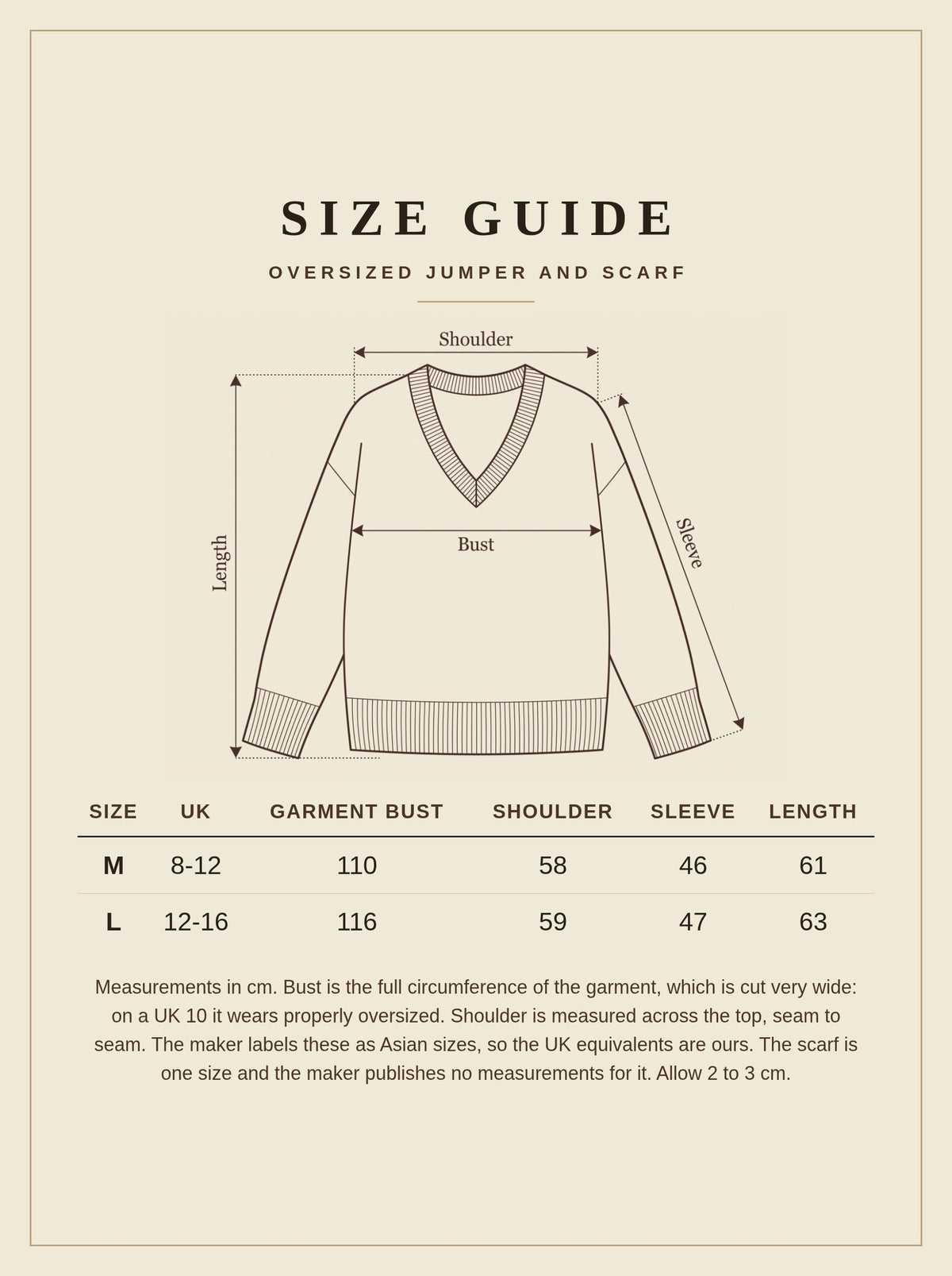 Size guide for the Kempsford oversized jumper and matching scarf, measurements in centimetres