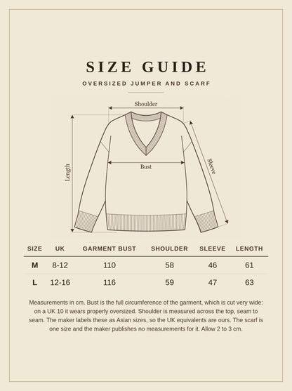 Size guide for the Kempsford oversized jumper and matching scarf, measurements in centimetres