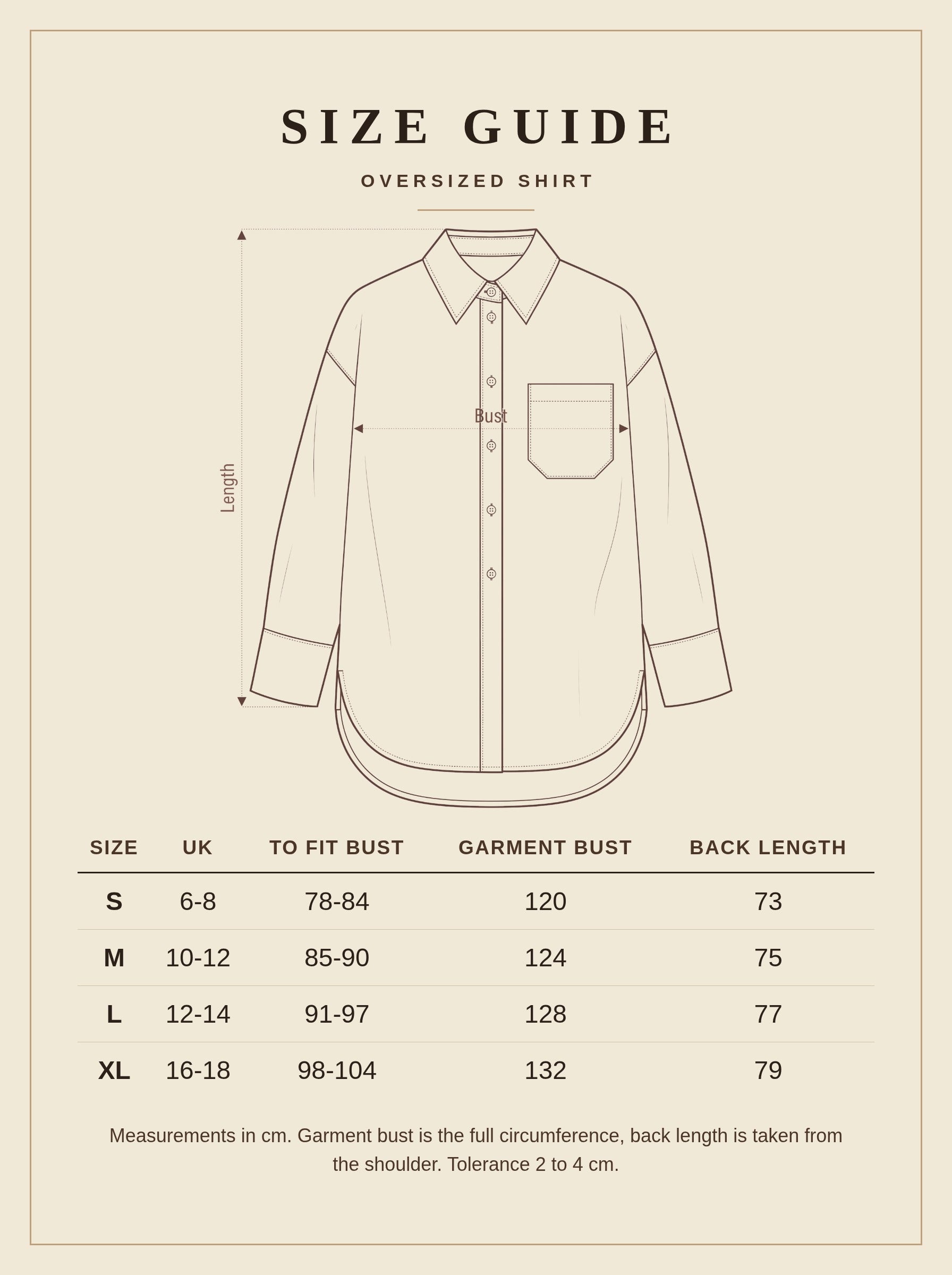 Size guide for the oversized shirt, sizes S to XL, with garment bust and back length in cm
