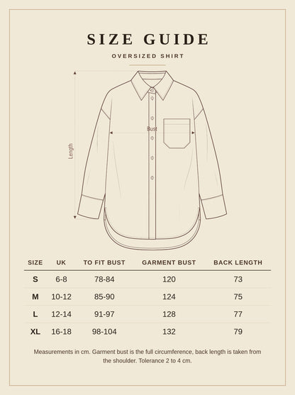 Size guide for the oversized shirt, sizes S to XL, with garment bust and back length in cm