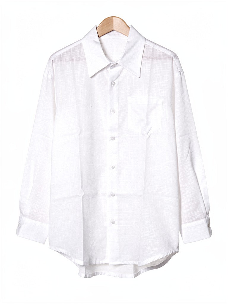 White oversized shirt in a textured slub weave on a hanger, front view with the chest pocket and curved shirttail hem