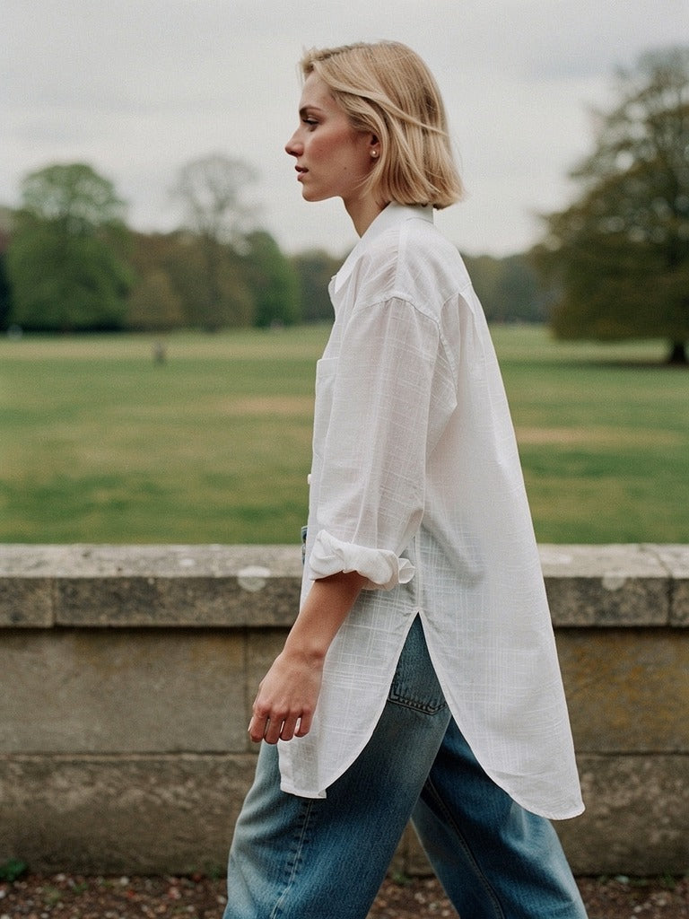 Oversized white shirt seen in profile, the curved hem longer at the back with a high split at the side seam