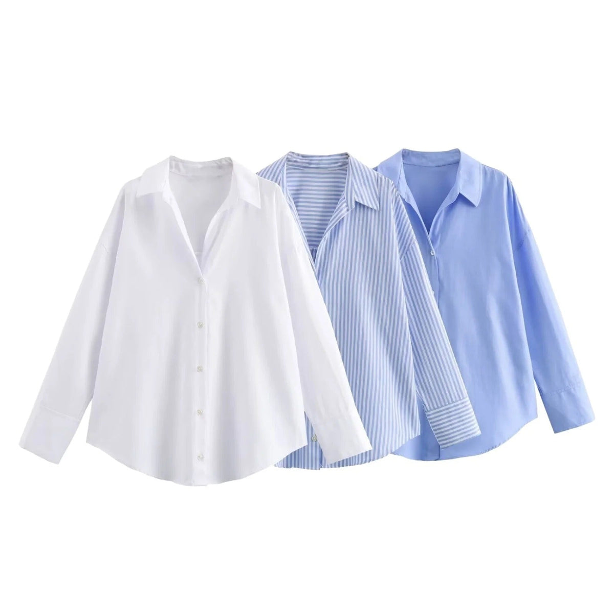 Oversized striped shirt shown in blue Bengal stripe, blue and white