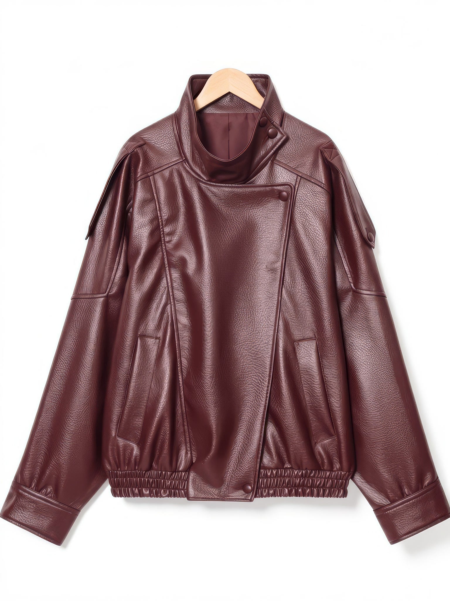 Oxblood faux leather jacket with stand collar on a hanger