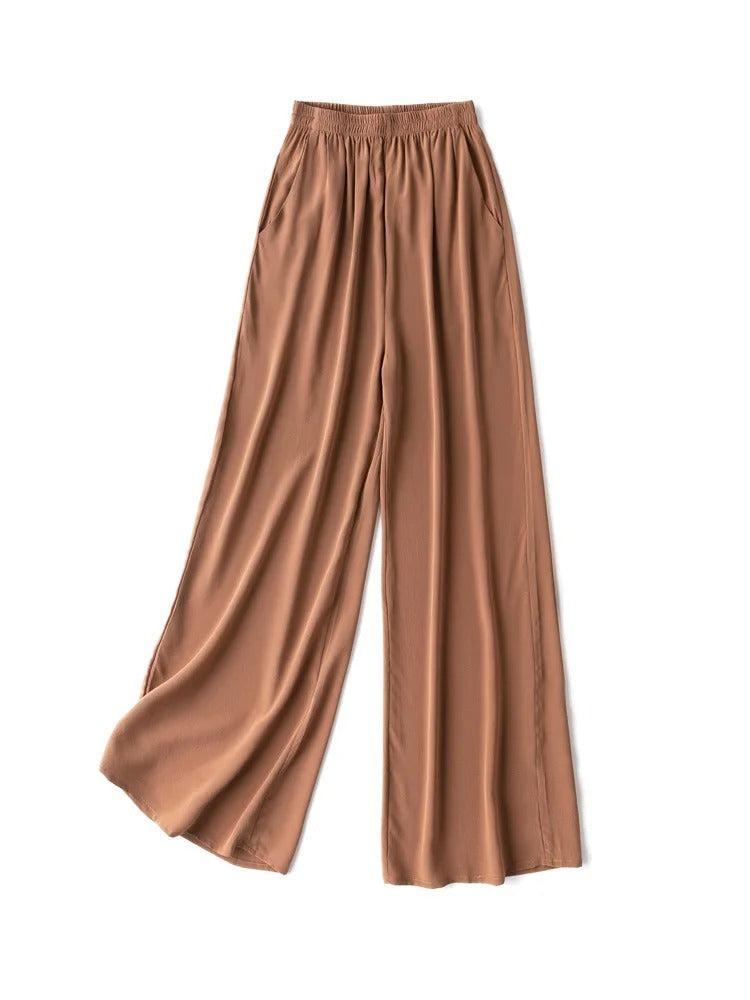 Cinnamon palazzo trousers shown flat, full length from the waistband to the hem